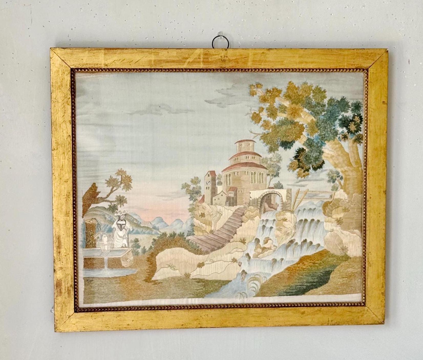 22x19 アンティークシルク刺繍絵画 1800年頃 建築風景 滝 古典的人物