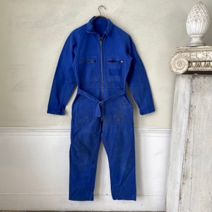 30 waist French JUMPSUIT  Workwear Vintage Coveralls Mechanic Outfit French Blue Denim 1970s Cotton with Belt The Textile Trunk pantsuit