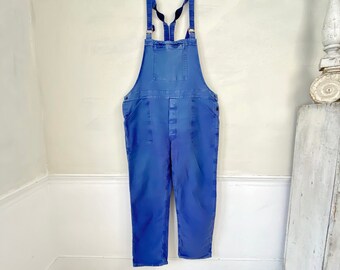 Vintage Overalls French Blue Denim 1950s- 1970s Moleskin Cotton with Zip Up Bib Pocket The Textile Trunk Coastal home  Boho steampunk