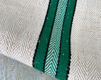 Organic Stair / Table Runner Hemp Grain Sack Fabric GREEN stripes  Striped Antique Vintage Cottage  Cottagecore  Textile Trunk