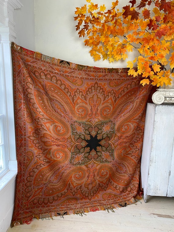 Orange and Blue Paisley Square Shaw 19th Century … - image 3