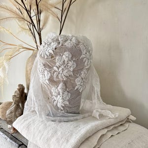 Damaged French antique bonnet Tulle white lace needlework embroidered embroidery Coiffe tambour 19th  wall art woman&#39;s fashion history