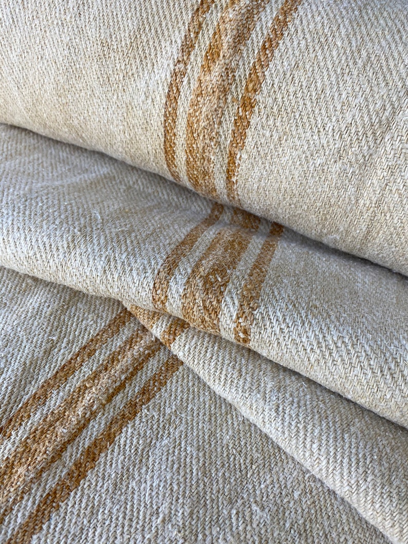 Grain sack Fabric Antique homespun linen Caramel Ochre striped hemp by the yard twill weave image 6