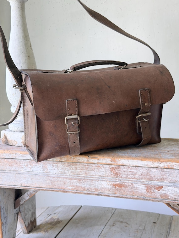 c1940 Vintage French Leather Satchel Messenger Bag Boho Shoulder Bag School Bag Postman Bag Brown Leather Wall Art