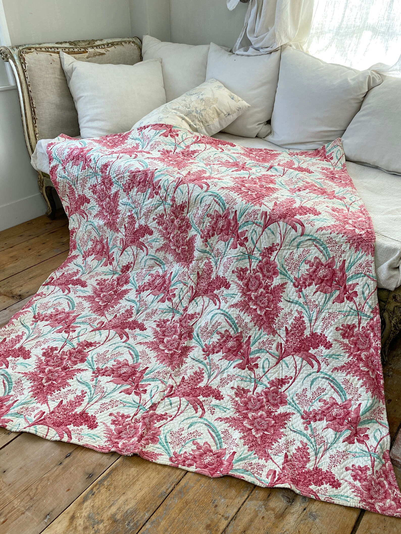 1870 SEAFOAM GREEN Pink Antique French Quilt Boutis Textile Etsy