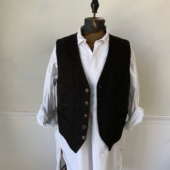 Antique French black woven tweed  unisex  vest / … - image 1