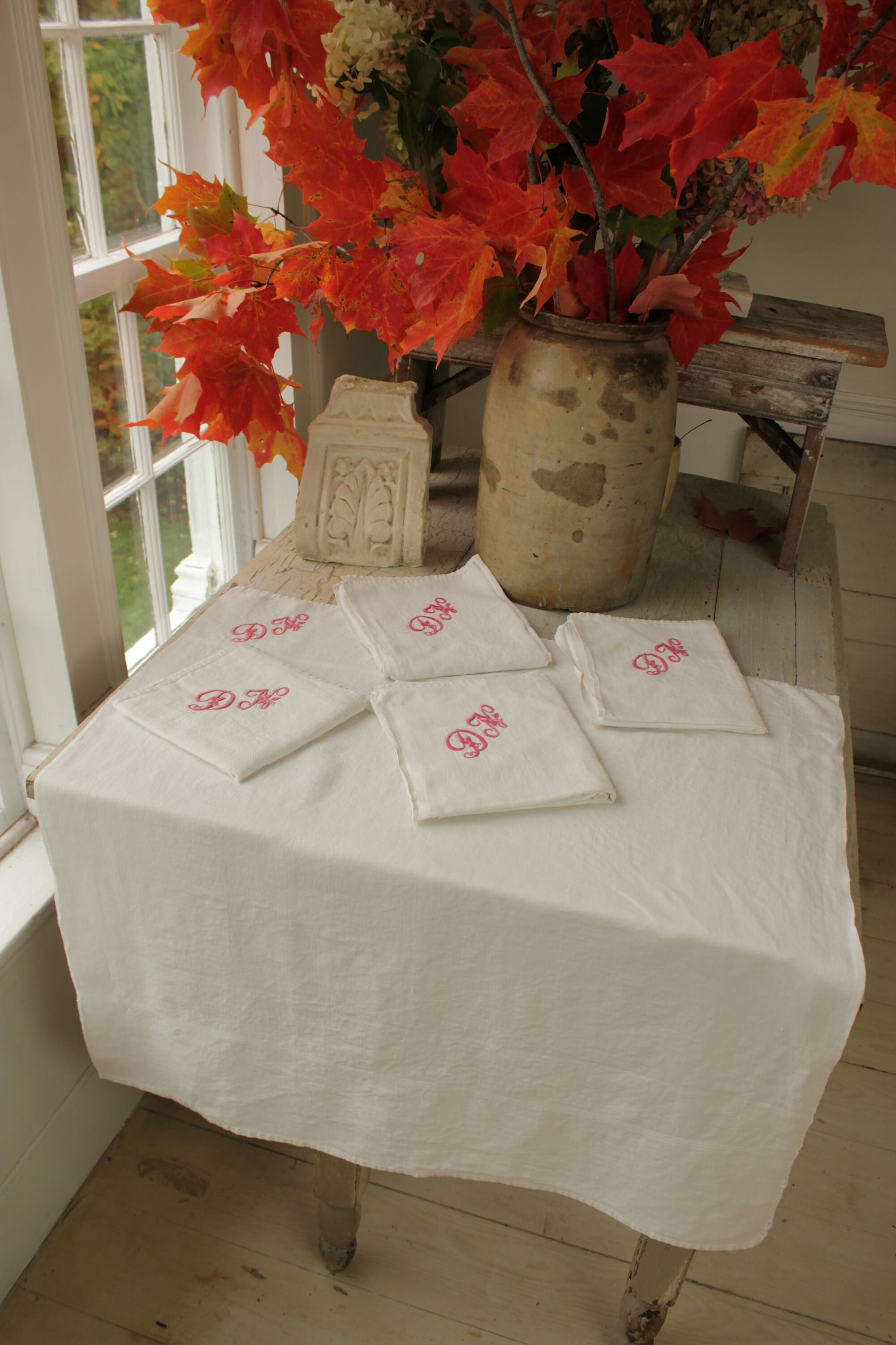 Antique French Set of 5 Floppy Linen Napkins Aged White With