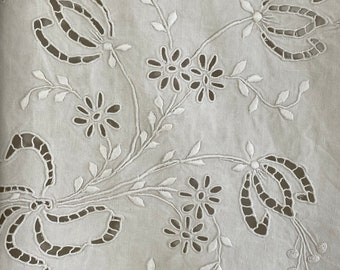 STUNNING finely woven Linen Vintage Sheet fabric French decorative embroidered textile eco-friendly