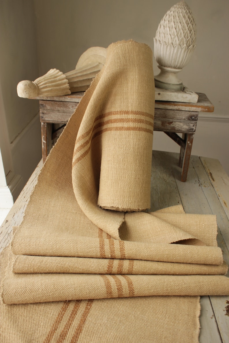 Grain sack Fabric Antique homespun linen caramel striped hemp by the yard