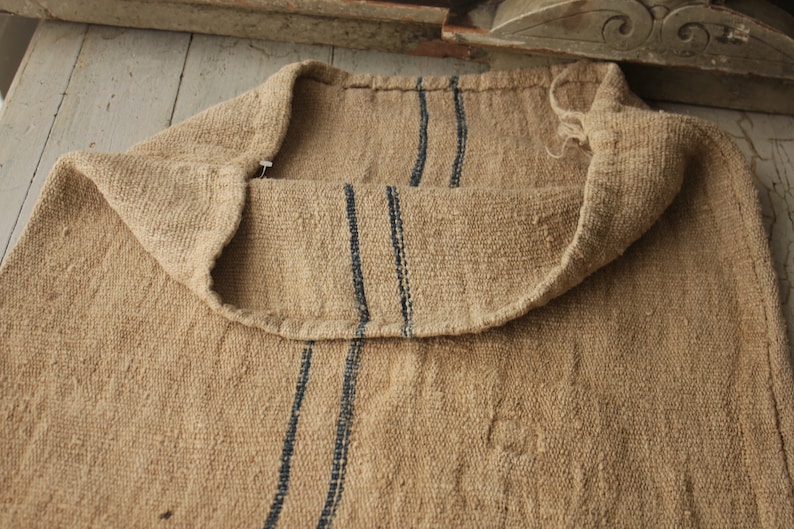 Grain Sack Linen Blue Indigo stripes Fabric Feedsack Rustic Grainsack Vintage bag hemp striped textile European washed Fabric