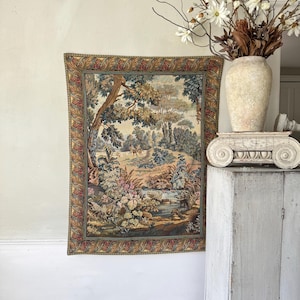 45x35 French tapestry hunting scene wall hanging romantic countryside woven art backed textile boho decor hippy rustic unique art handmade