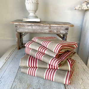 5 Antique Red LINEN Flax vintage French ticking material old fabricUnique window treatment eco-friendly