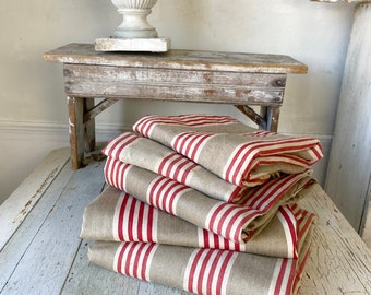 5 Antique Red LINEN Flax vintage French ticking material old fabricUnique window treatment