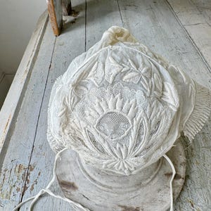 French antique bonnet Tulle white lace needlework embroidered embroidery Coiffe tambour 19th century wall art woman&#39;s bun fashion history