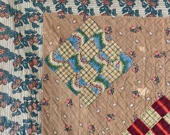 105x84 英語 更紗 パッチワーク キルト 18世紀 19世紀 布地 光沢加工