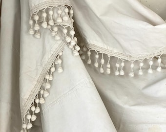 AMAZING French  18th Century 1700's WHITE curtain drape with Passementerie trim sheeting cottonUnique window treatment eco-friendly