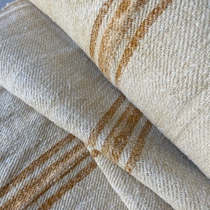 Grain sack Fabric Antique homespun linen Caramel Ochre striped hemp by the yard twill weave image 9