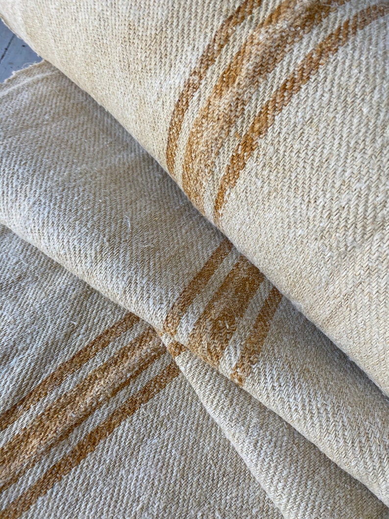 Grain sack Fabric Antique homespun linen Caramel Ochre striped hemp by the yard twill weave image 9