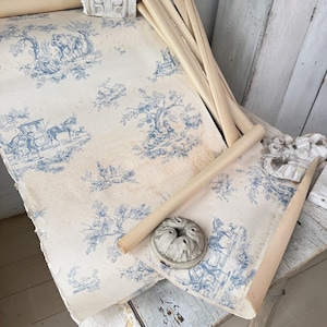 4.6 yards damaged LOT  7 pieces 22 wide 1930 1940 French blue toile scenic wallpaper aged patina distressed vintage TIMEWORN book binding