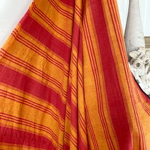 Striped cotton fabric 18th century curtain textile material red orange handstitched beautiful antique The Textile Trunk eco-friendly