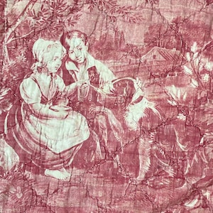 DOG / vintage border collie French Toile de Normandy 19th century bed cover textile Antique bedspread from France c1820 eco-friendly