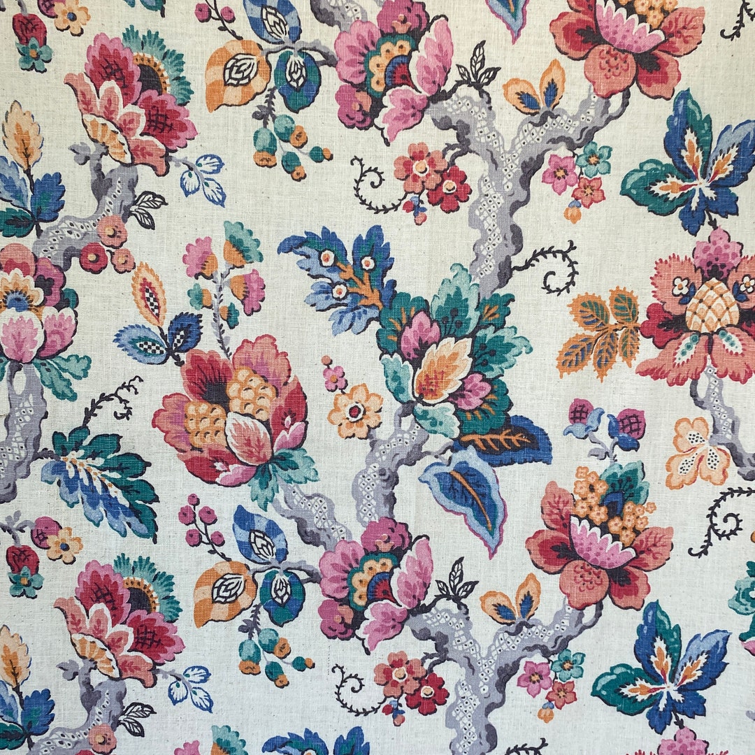 1940's Curtain Panel Fabric Material Heavy Weight Floral Jacobean