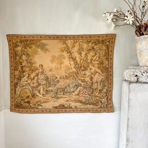 57x43 vintage French tapestry romantic pastoral scene neoclassical urns garden figures verdure wall hanging faded tones 1920&#39;s