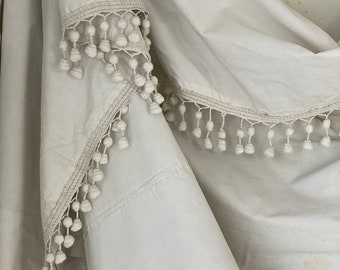 AMAZING French  18th Century 1700's WHITE curtain drape with Passementerie trim sheeting cottonUnique window treatment