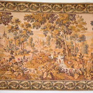 89x48 Vintage French verdure antique tapestry wall hanging art Castle Castlecore shabby cottage farmhouse chateau home decor style hound