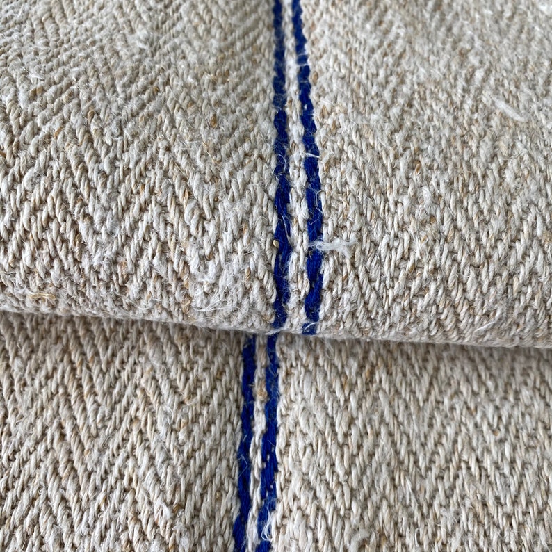 BLUE stripe greige ground Stair Runner Heavy Hemp Grain Sack Fabric by the yard Table runner image 5