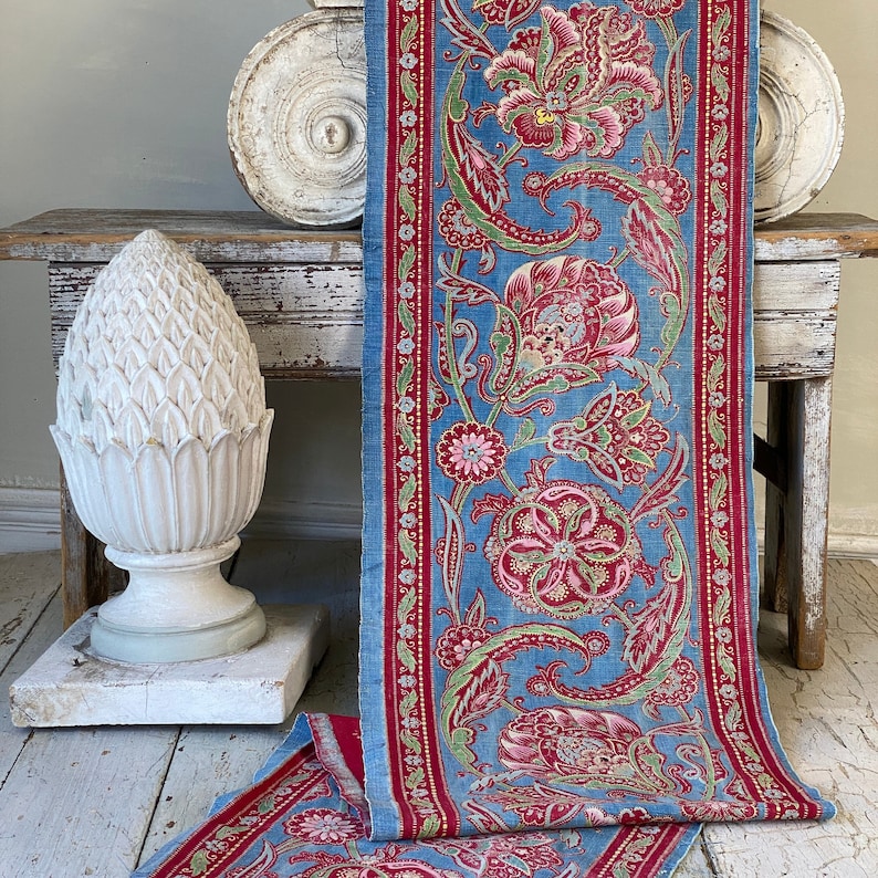 French STUNNING hand block printed Resist dyed border shops 1850 Turkey red fabric material