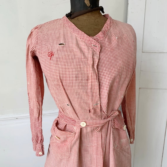 Vintage french  work uniform woman's dress  red g… - image 3