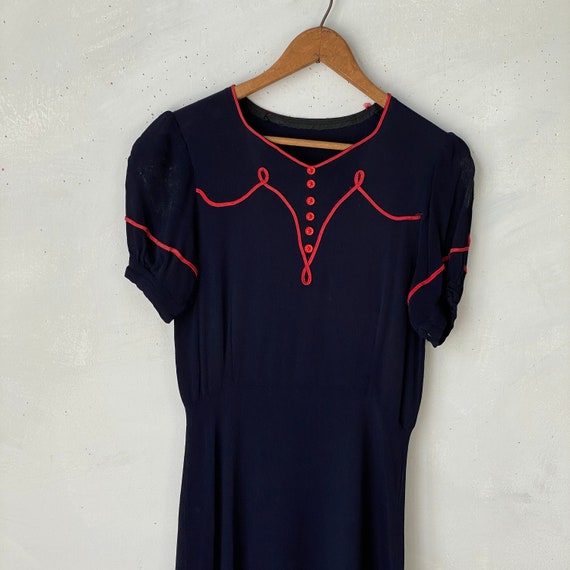 Charming Navy Rayon Women's Dress 1940s Red Accen… - image 10