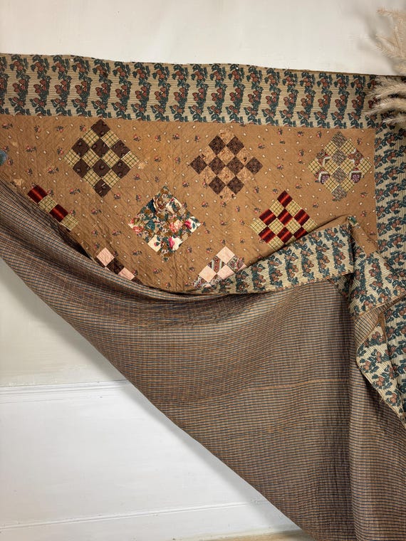 105x84 英語 更紗 パッチワーク キルト 18世紀 19世紀 布地 光沢加工