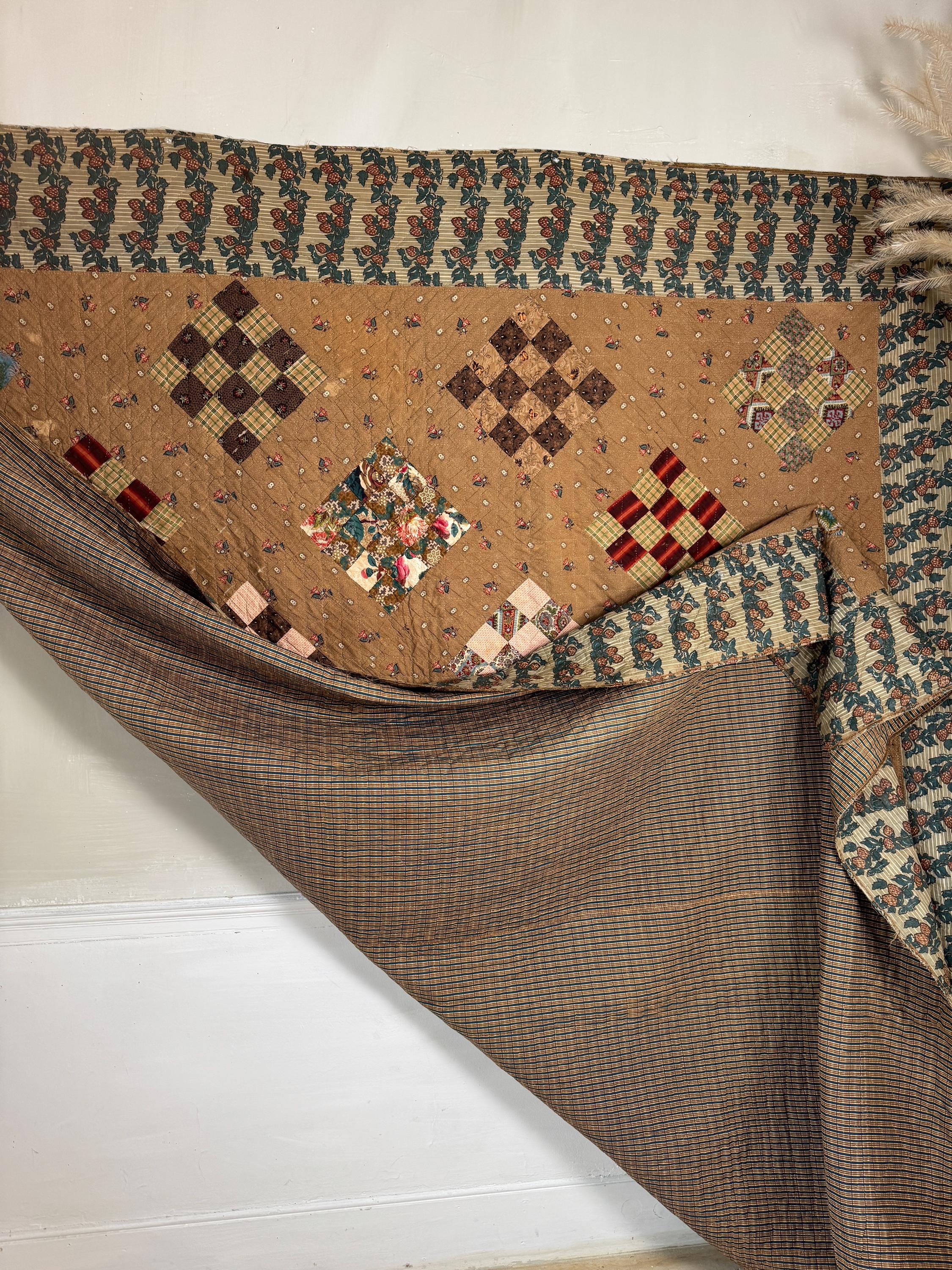 105x84 英語 更紗 パッチワーク キルト 18世紀 19世紀 布地 光沢加工