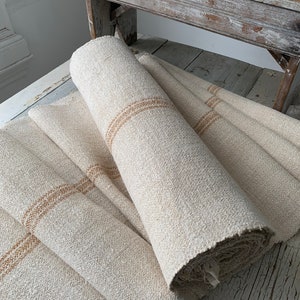 Grain sack Fabric Antique homespun linen caramel striped hemp table runner centerpiece sewing by the yard Herringbone weave image 4