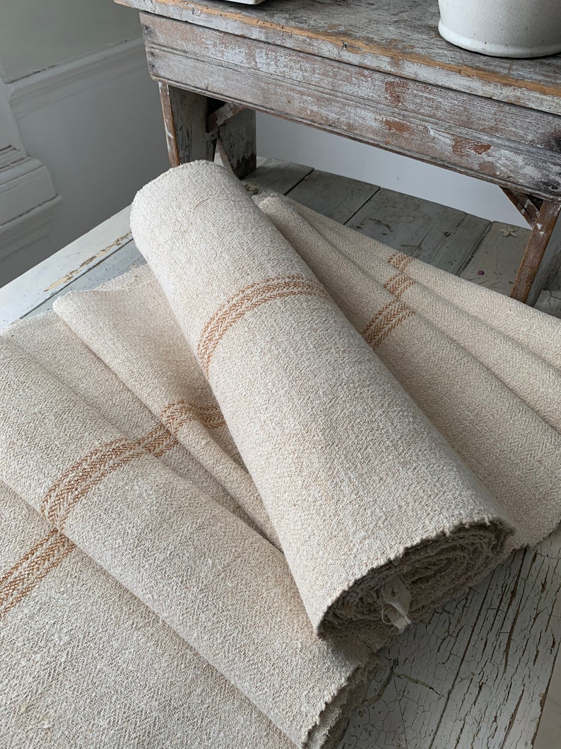 Grain sack Fabric Antique homespun linen caramel striped hemp table runner centerpiece sewing by the yard Herringbone weave image 4