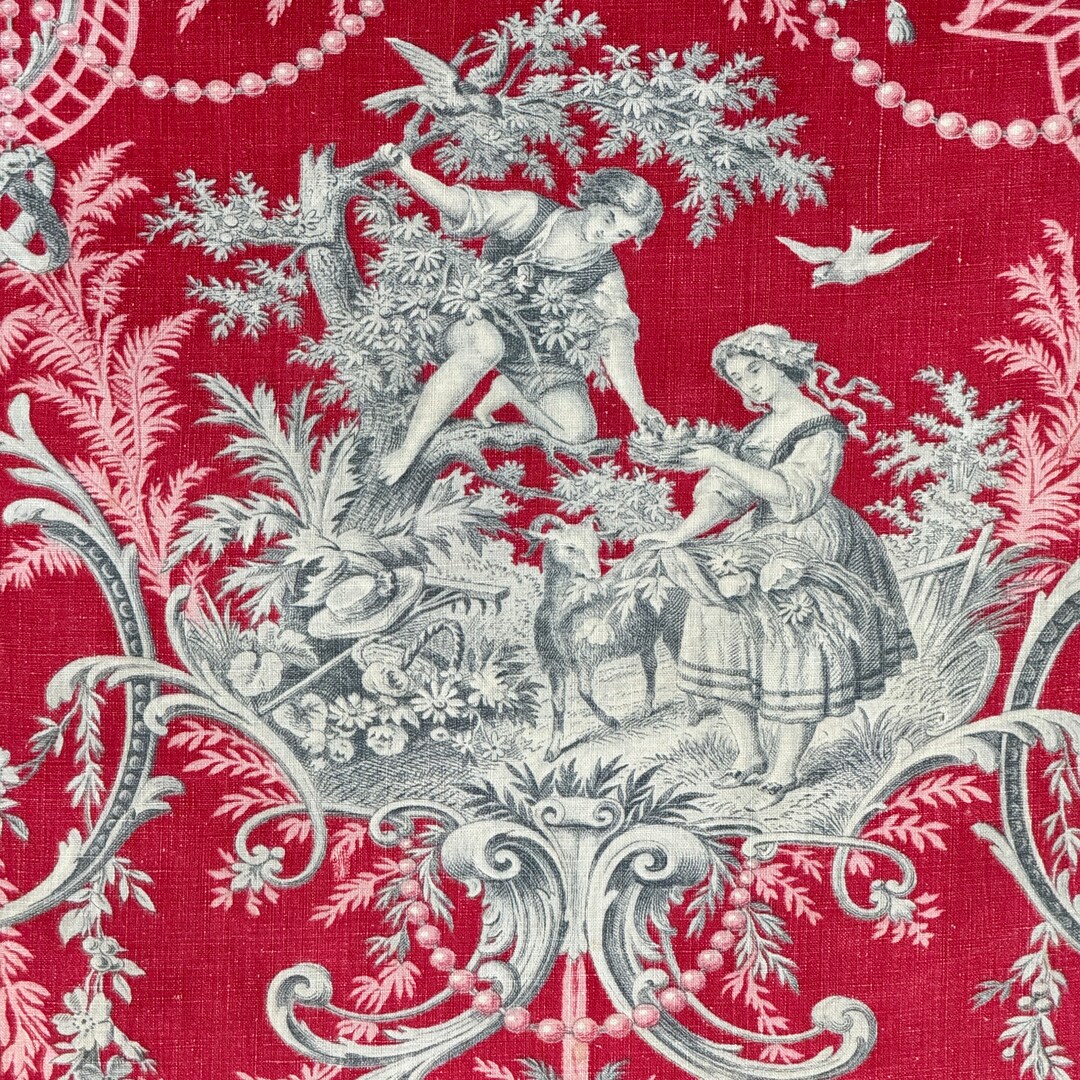 Authentic Rococo Textiles Antique Linen Cotton Fabric 1870 Red + Gray Rococo Style Classic French ...