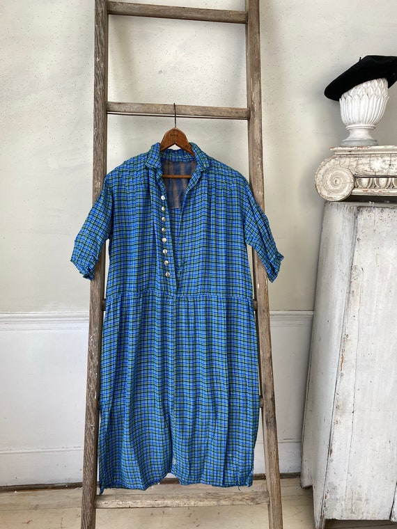 1940's vintage French dress plaid with mends and … - image 1