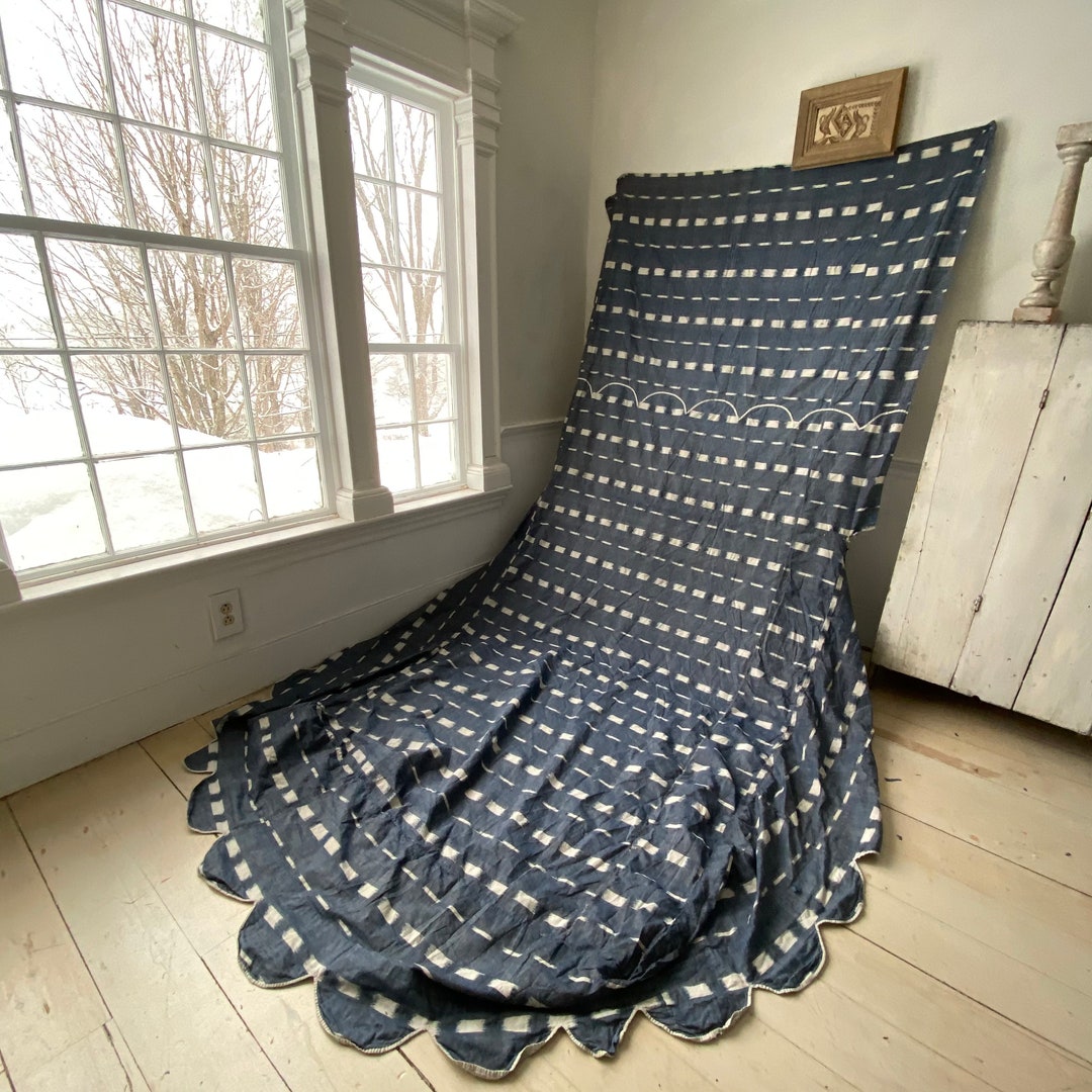 1700's French Bed Cover Daybed Coverlet Ikat Antique French Fabric Blue