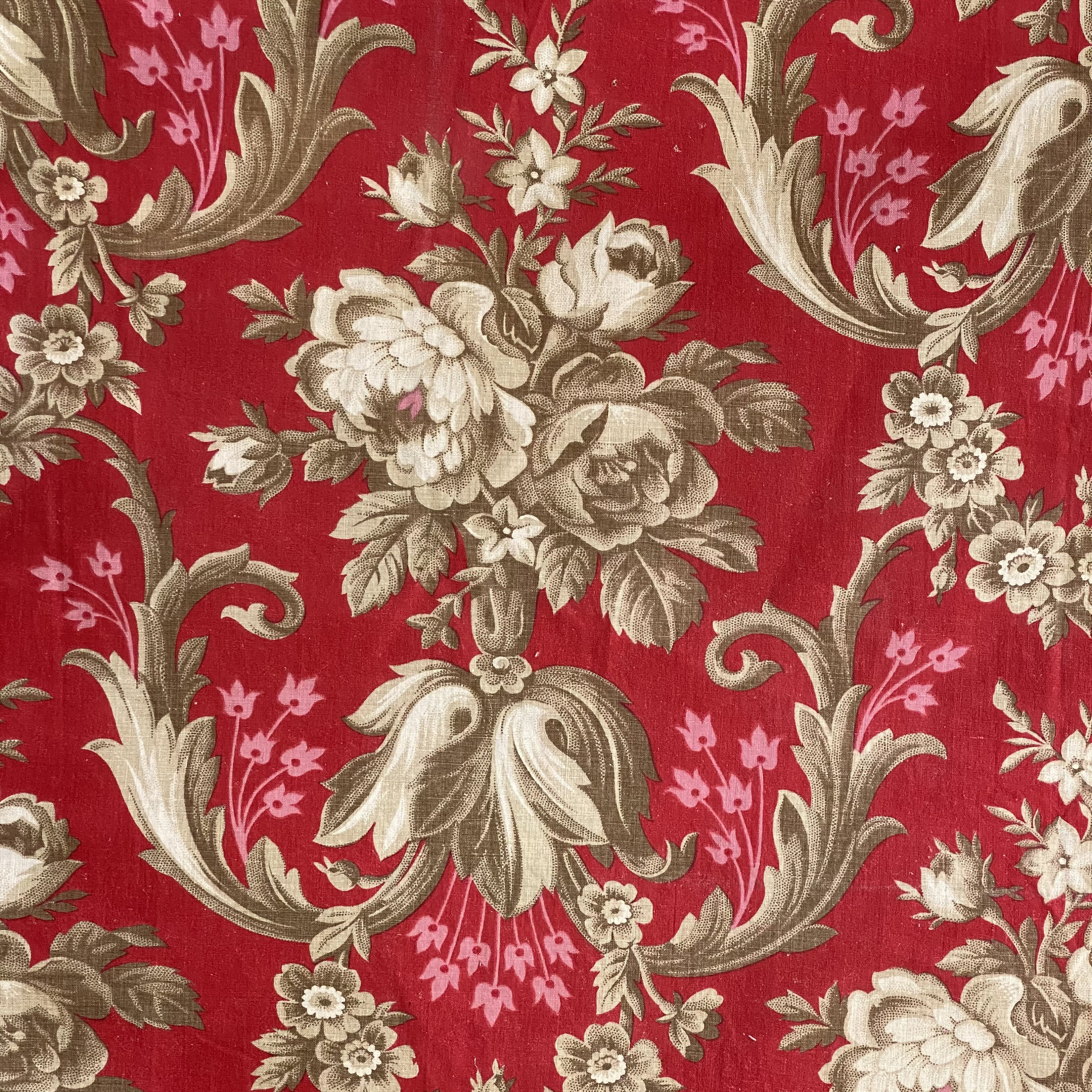 Rococo 1860 Antique French Fabric RED Roller Printed Cotton for