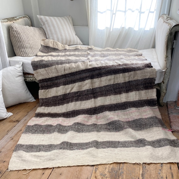 Vintage Wool Blanket Brown White Striped Natural Organic Fabric Portuguese Textile Throw Upholstery Fabric Heavyweight Textile Trunk Etsy UK