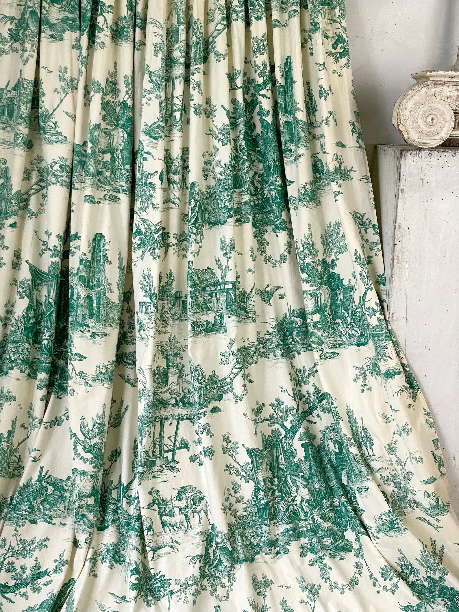 Green Toile De Jouy Curtain Vintage Textile Etsy