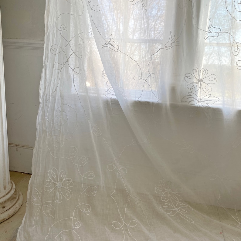 White Antique muslin curtain tambour lace applique 1800's drapeUnique window treatment image 6