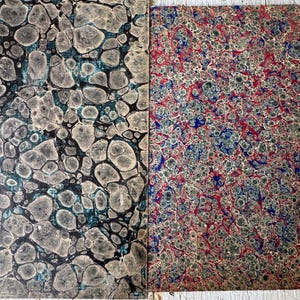 7.5x4.5 antique French marbled paper and 6.25x5.5 red blue marbelized sheet bookbinding 1700s calligraphy endpaper unique wall art handmade