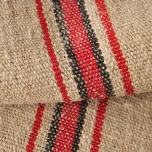 Dark Grain Sack fabric Linen Upholstery Feedsack Grainsack Black and Red stripe Vintage bag hemp striped textile European washed