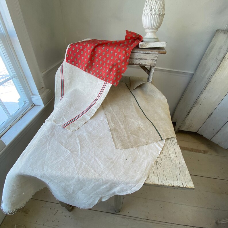 French printed fabric and antique linen Project Bundle for sewing projects material antique vintage cloth patchwork material