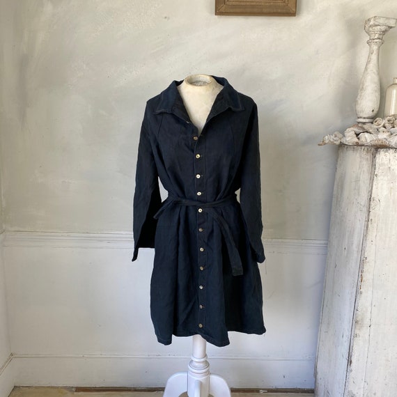 Chintzed Linen Long Indigo Smock Overcoat 1900s Fr