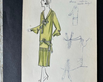 May include: A hand-drawn illustration of a woman wearing a green dress with a bow at the neckline. The dress has a pleated skirt and a sash tied at the waist. The illustration is labeled "4669 - Chine ruban double argent".
