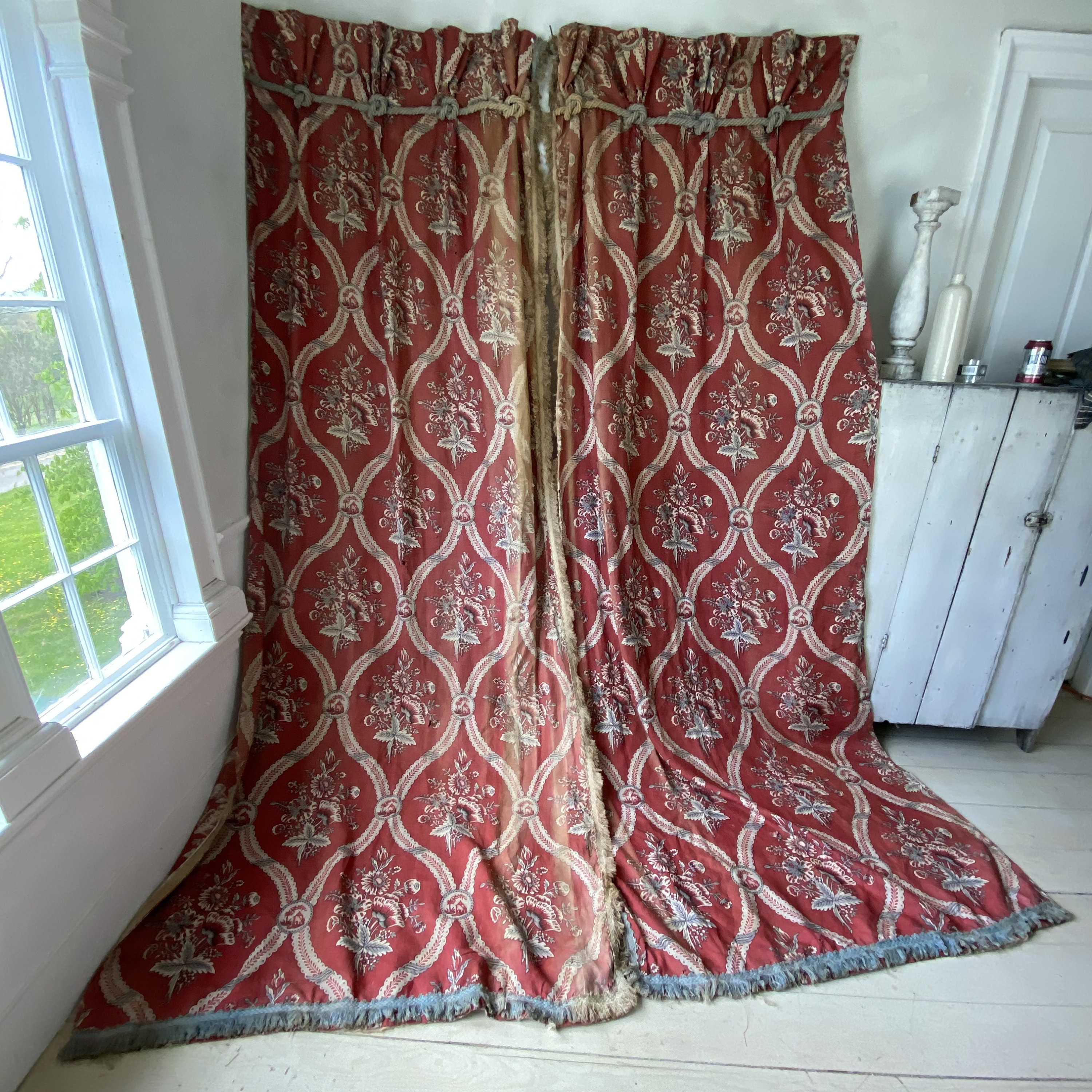 PRINTED LINEN Antique French Curtains set  1890 printed linen 18th century design Drapes SETUnique window treatment eco-friendly